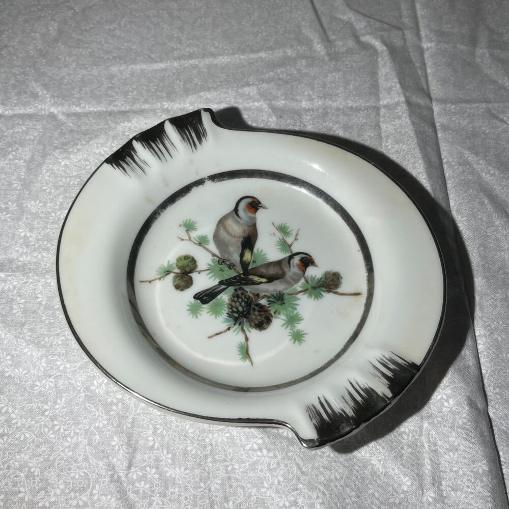 Norleans Ashtray Porcelain Silver Trim Bird and Pinecones Design (151)